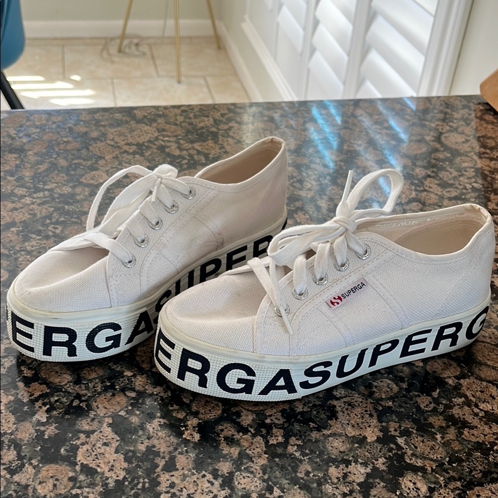 Superga Cream Canvas Sneakers with Black Lettering